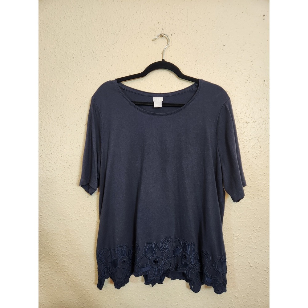Chico's Womens XL Navy Blue Short Sleeve Top Embroidered Floral Lace Hem